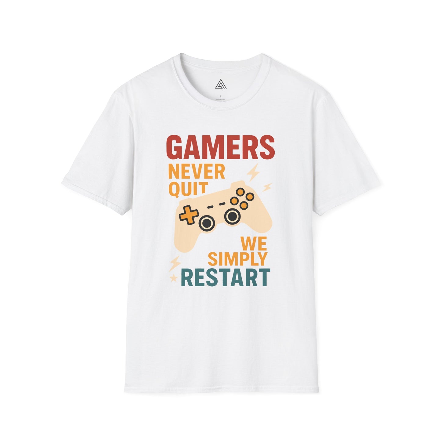 Gaming t-shirt with game controller design and Gamers Never Quit slogan