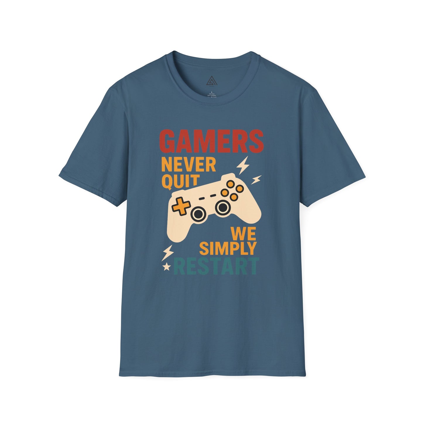 Gaming t-shirt with game controller design and Gamers Never Quit slogan
