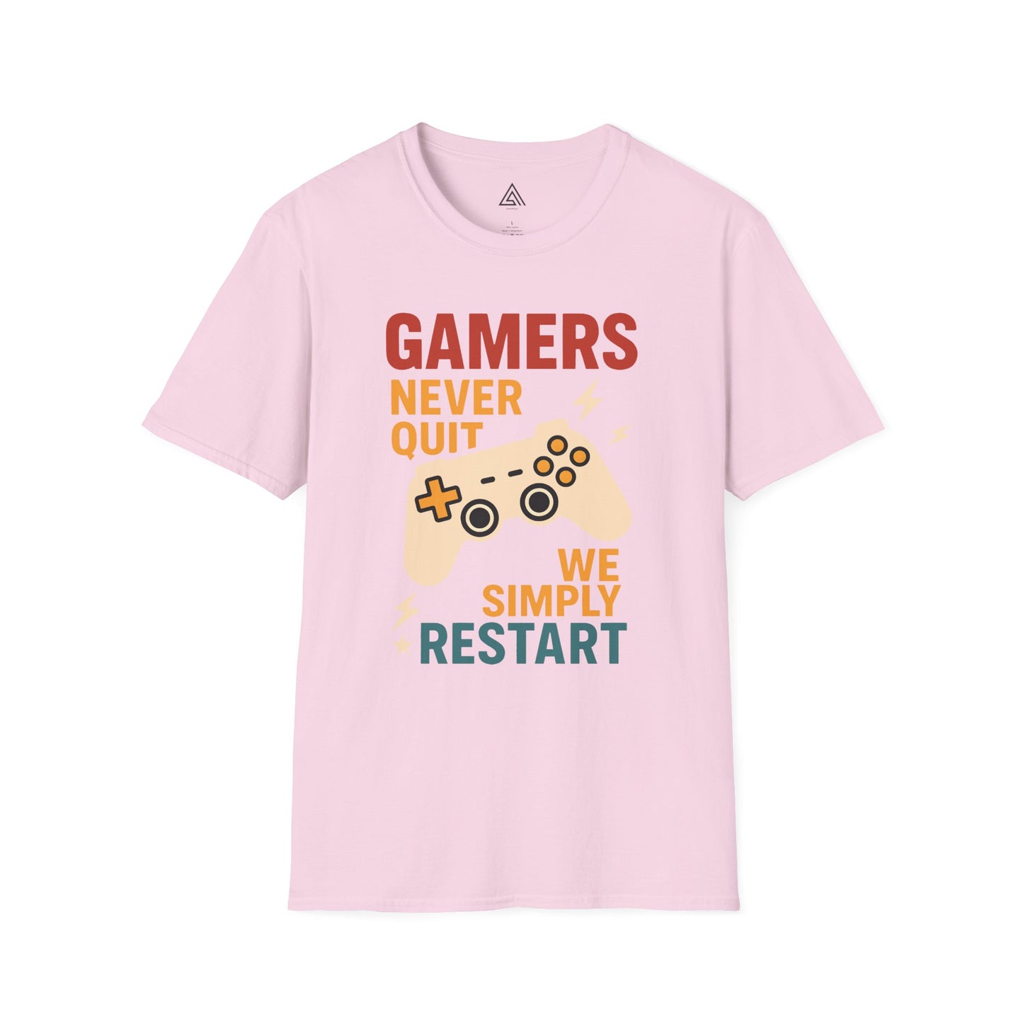 Gaming t-shirt with game controller design and Gamers Never Quit slogan