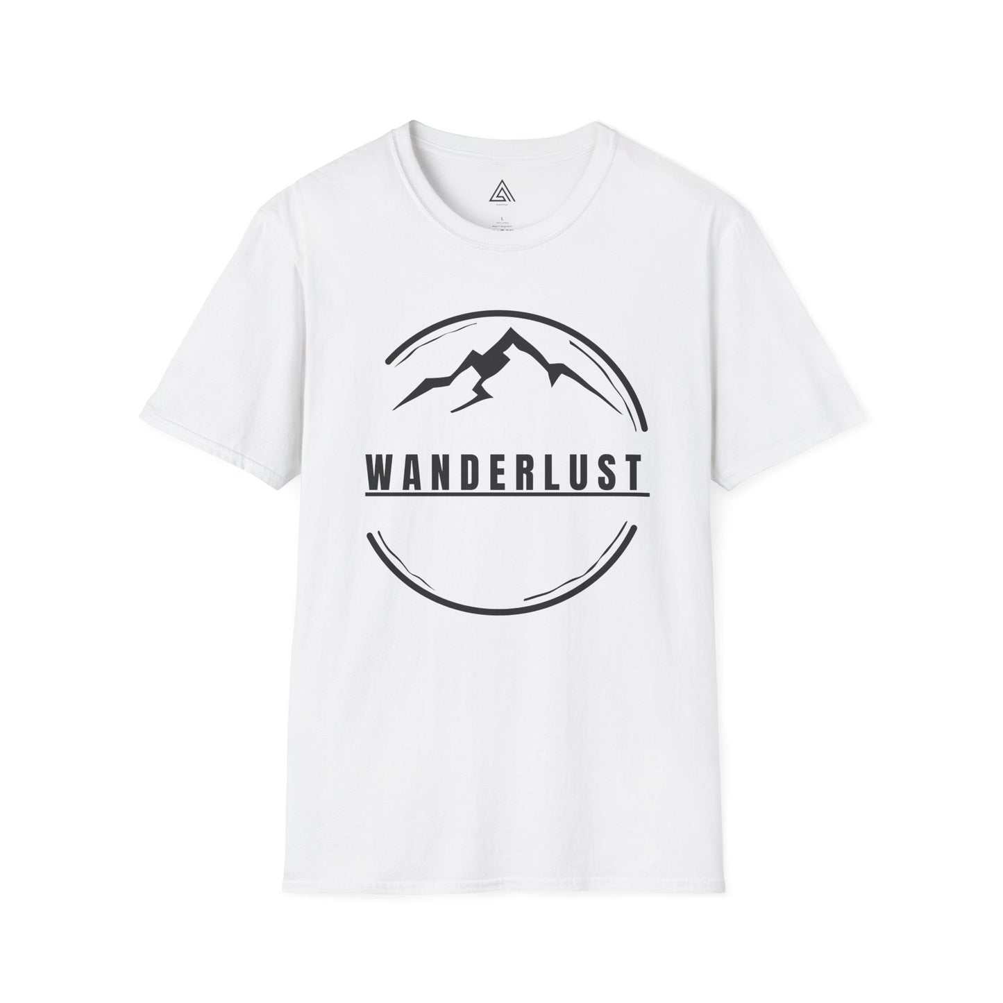 White t-shirt with 'Wanderlust' graphic design on a white background