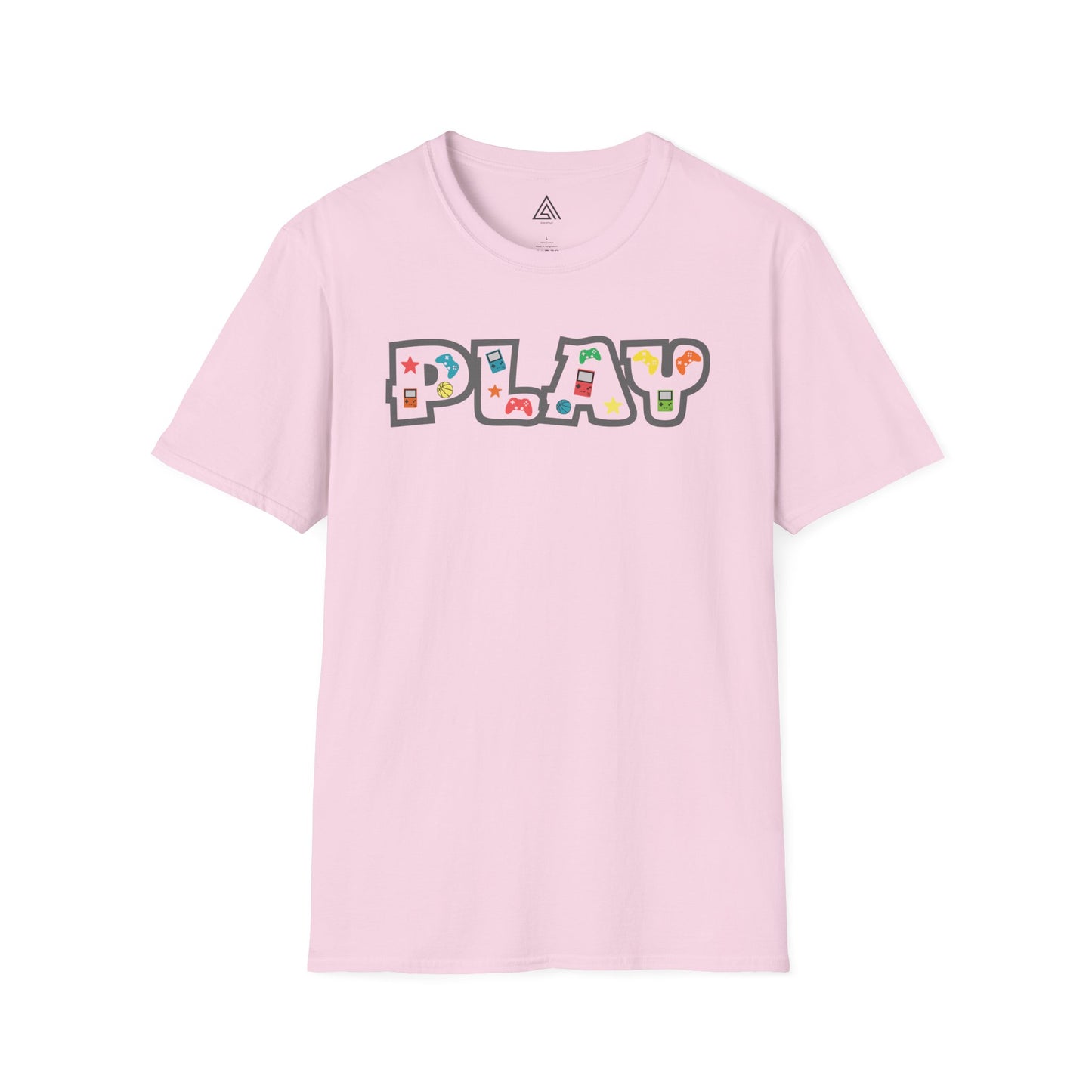 Close-up of PLAY gaming shirt design featuring classic gaming controllers and nostalgic elements