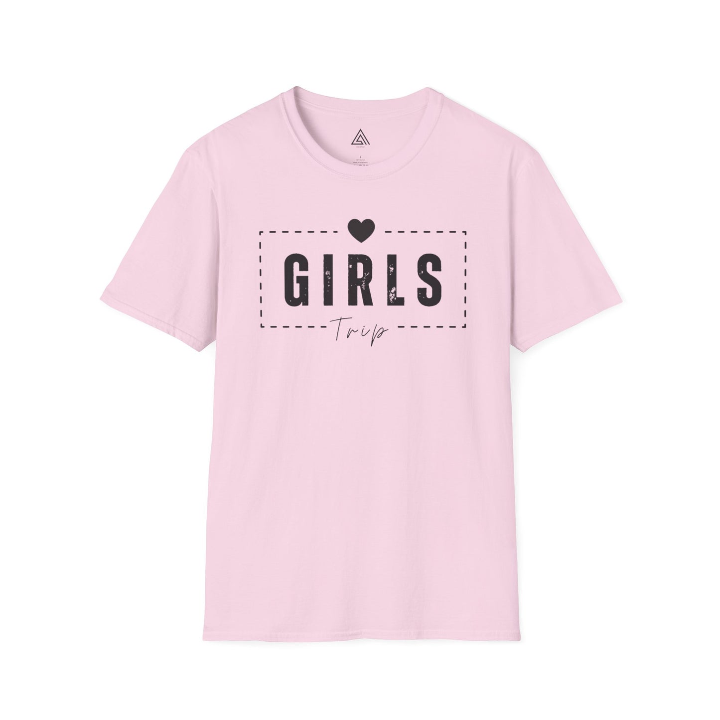 Pink t-shirt with 'GIRLS TRIP' text on a white background
