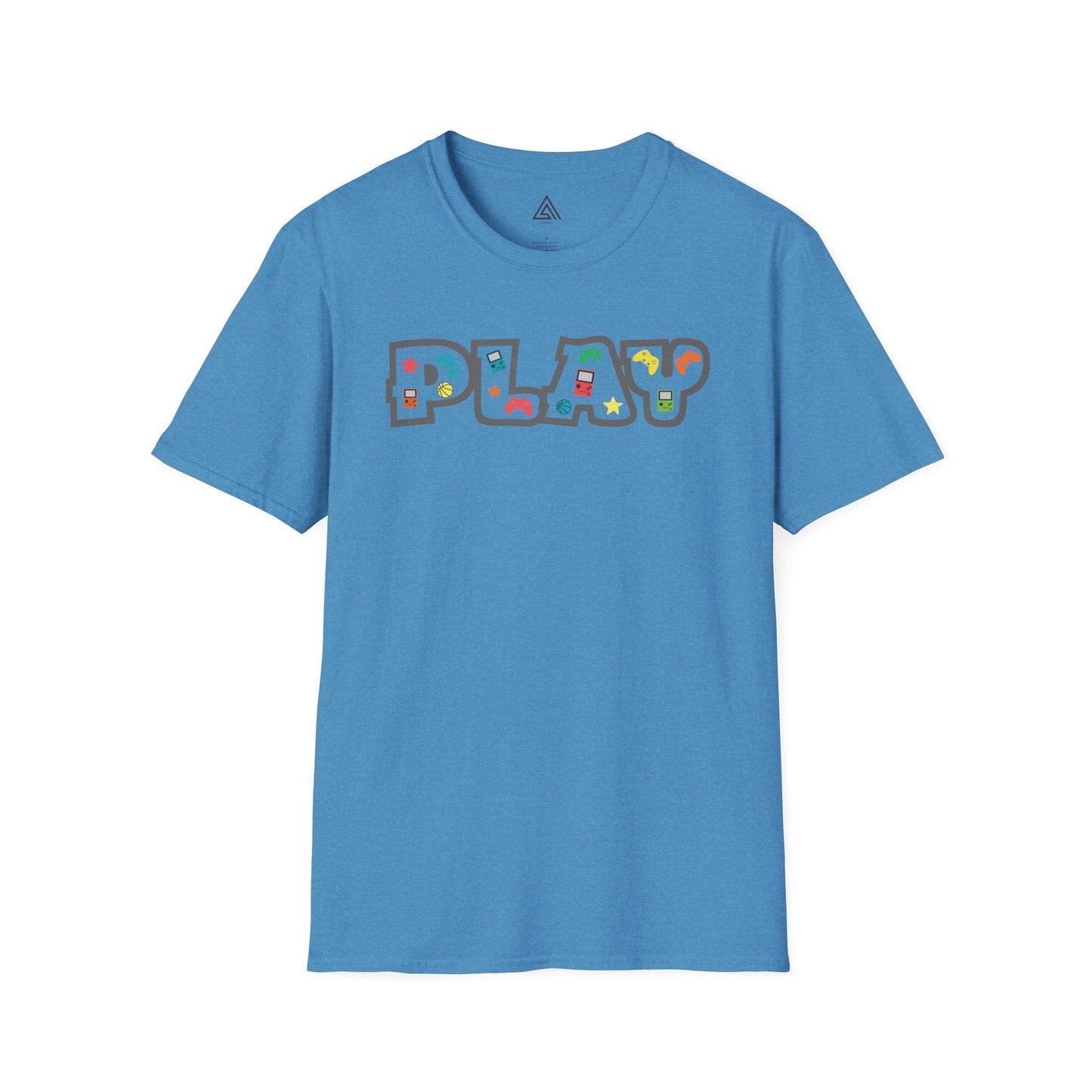 Close-up of PLAY gaming shirt design featuring classic gaming controllers and nostalgic elements