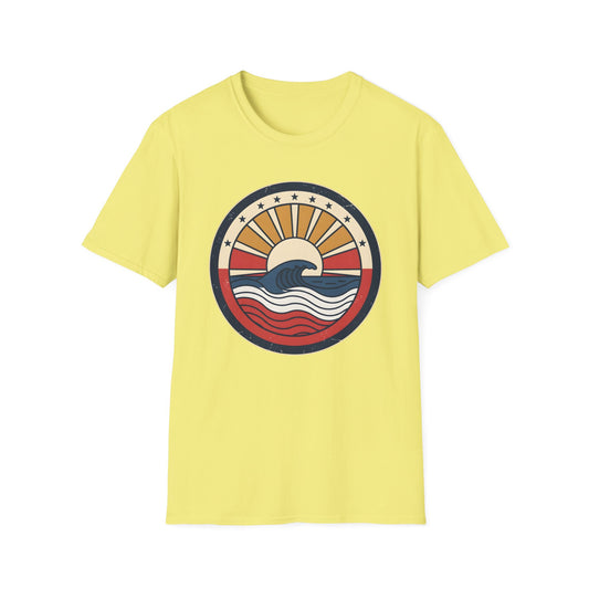 Waves rush in t-shirt with red white and blue patriotic ocean waves on a quiet beach