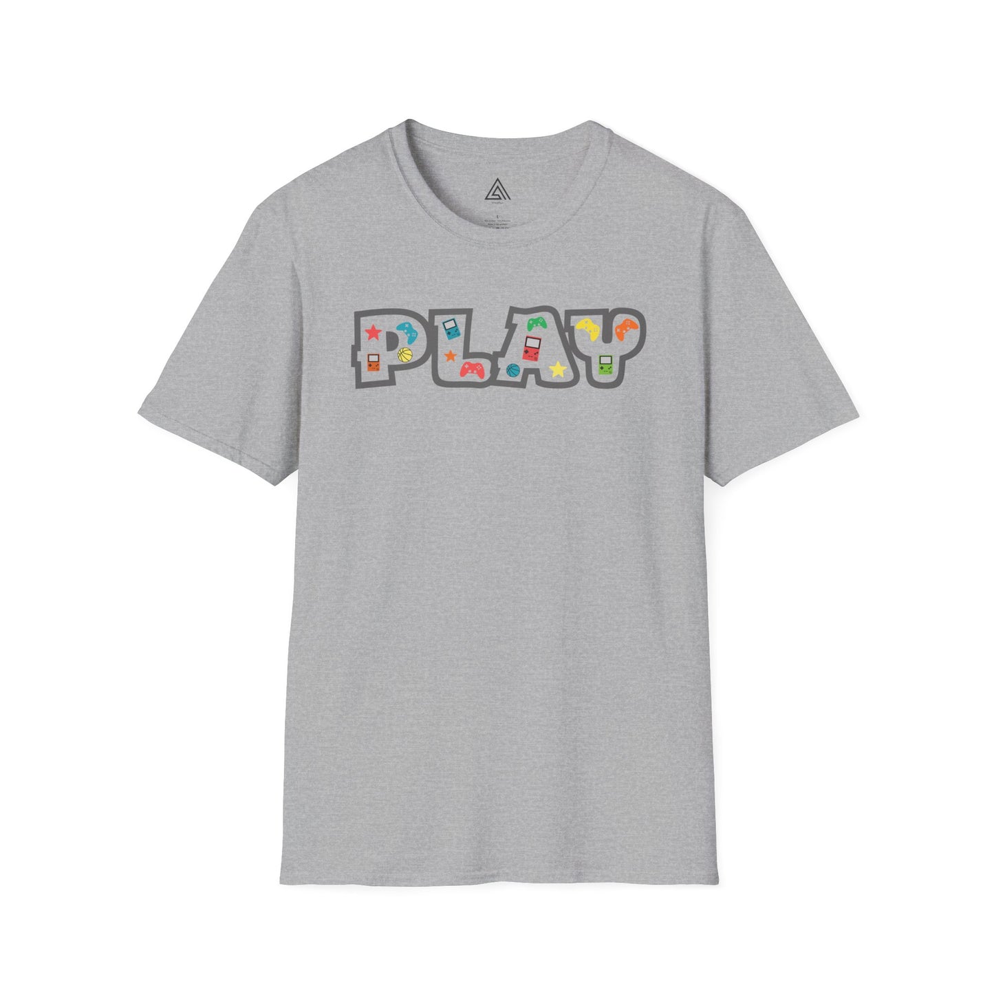 Close-up of PLAY gaming shirt design featuring classic gaming controllers and nostalgic elements