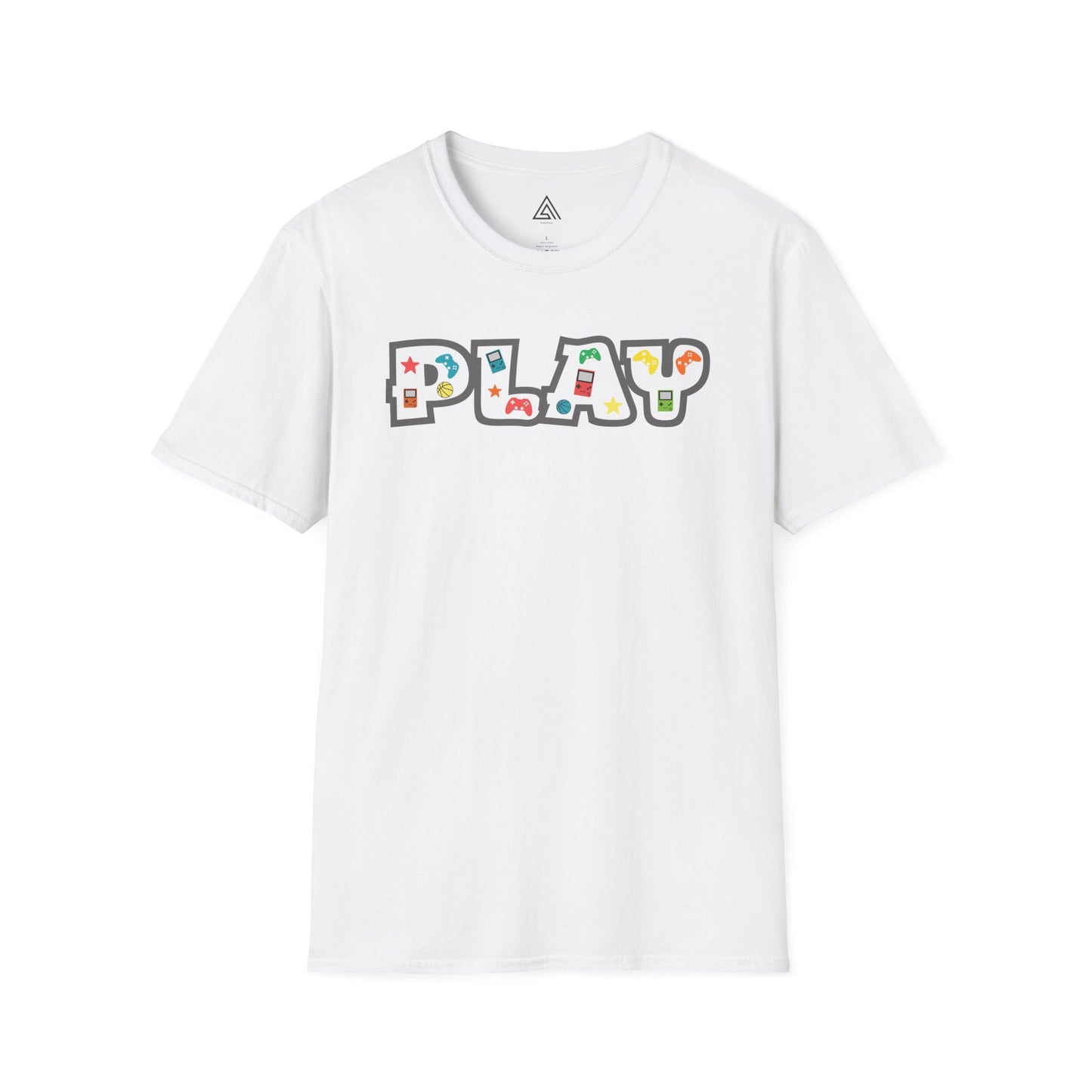 Close-up of PLAY gaming shirt design featuring classic gaming controllers and nostalgic elements