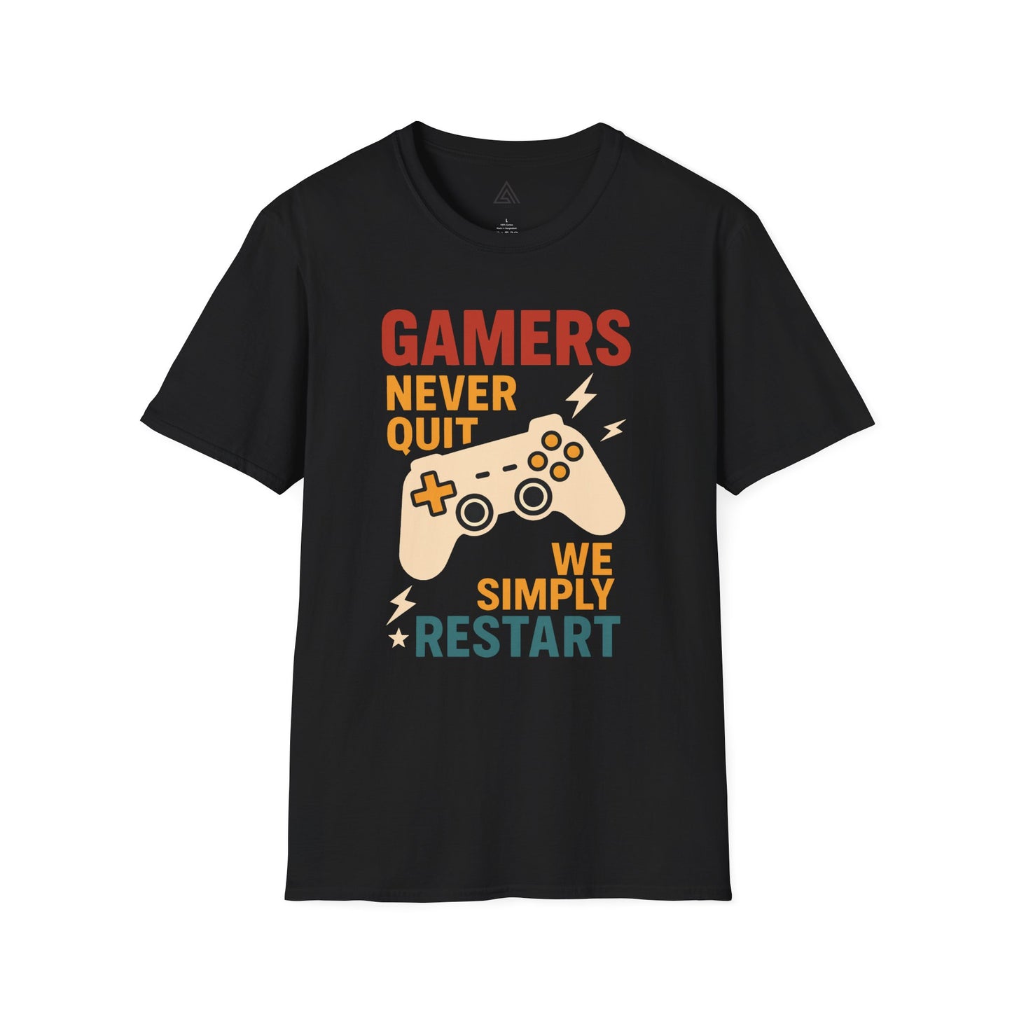Gaming t-shirt with game controller design and Gamers Never Quit slogan