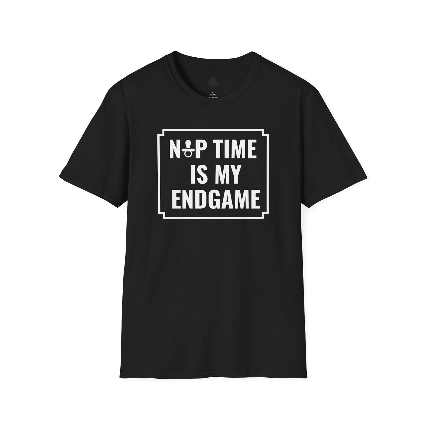 Nap Time Is My Endgame black and white text shirt design for gaming parents