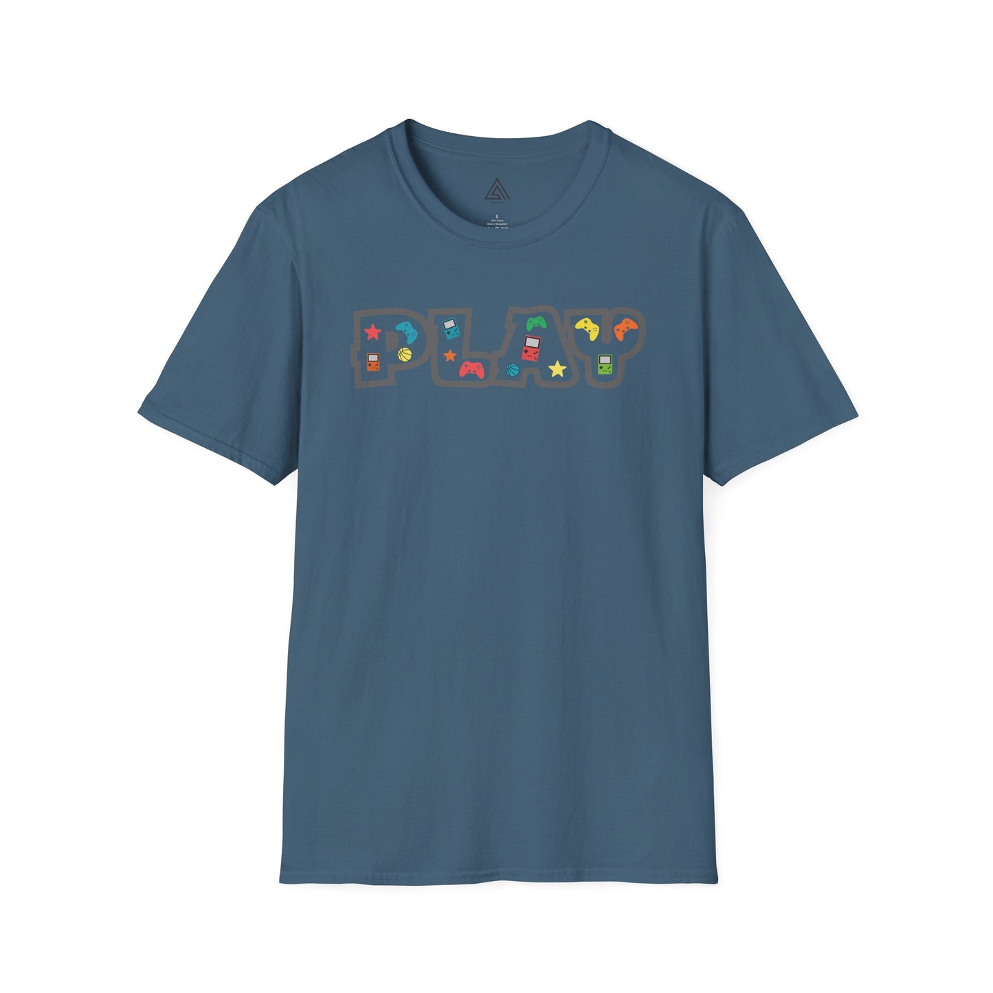 Close-up of PLAY gaming shirt design featuring classic gaming controllers and nostalgic elements