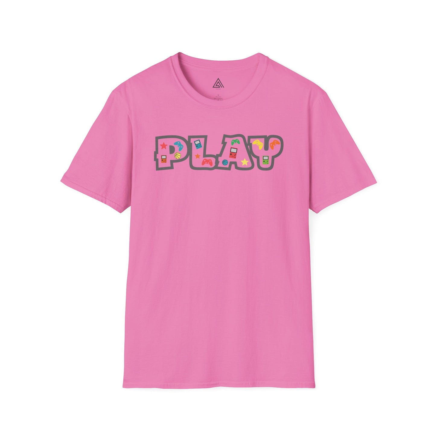 Close-up of PLAY gaming shirt design featuring classic gaming controllers and nostalgic elements