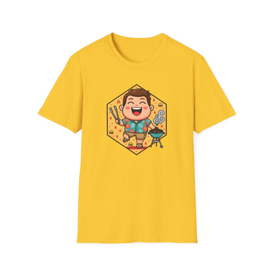 Funny dad t shirt with a cartoon dad in a Hawaiian shirt grilling burgers at a summer BBQ