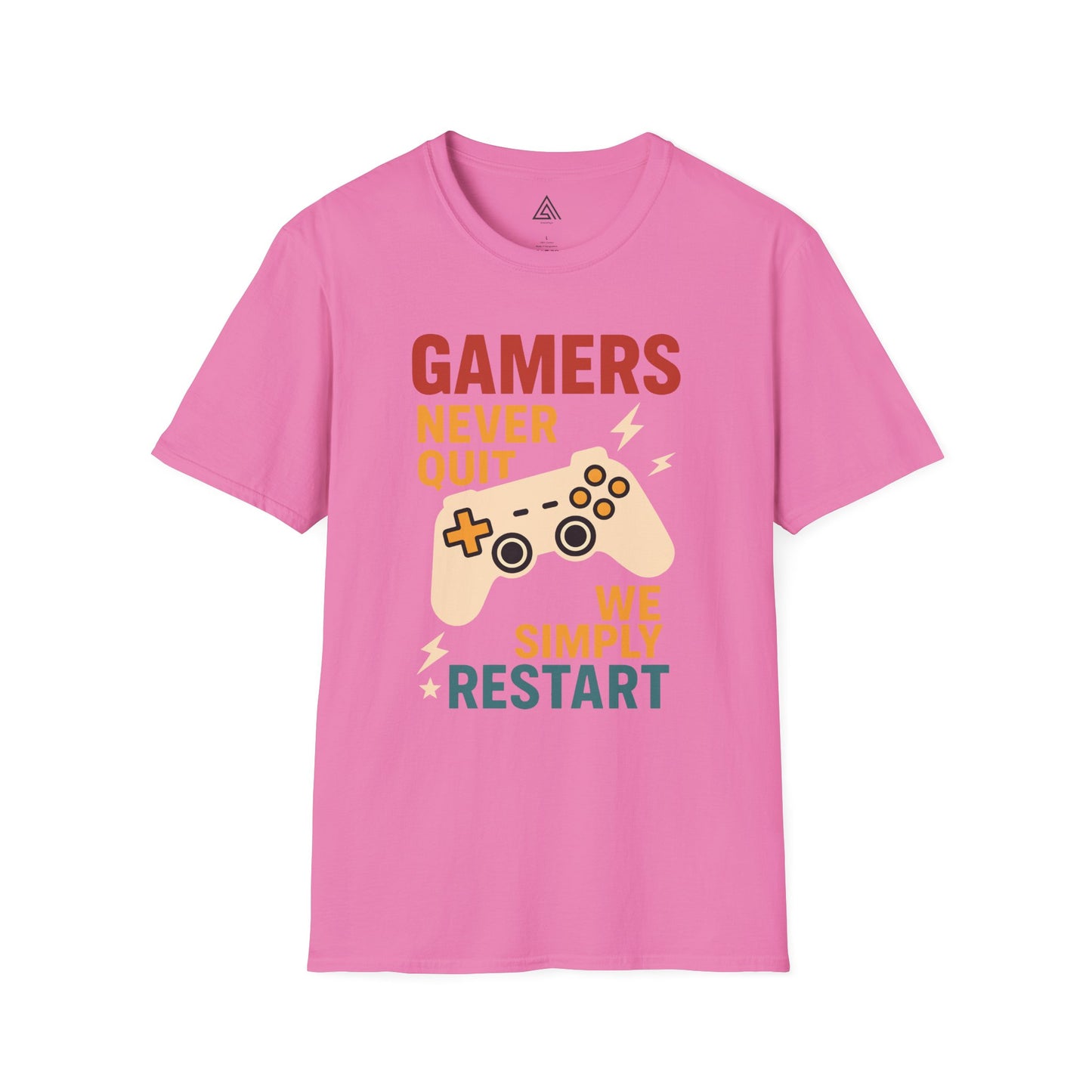 Gaming t-shirt with game controller design and Gamers Never Quit slogan