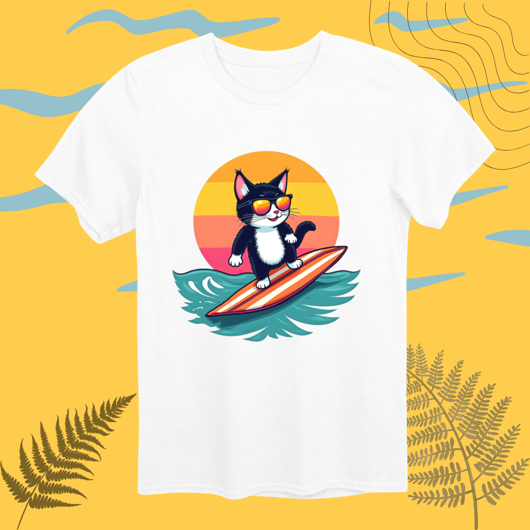 Sunset Surfing Cat T-Shirt