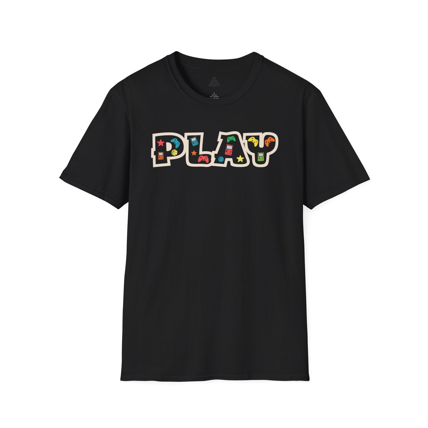 Close-up of PLAY gaming shirt design featuring classic gaming controllers and nostalgic elements