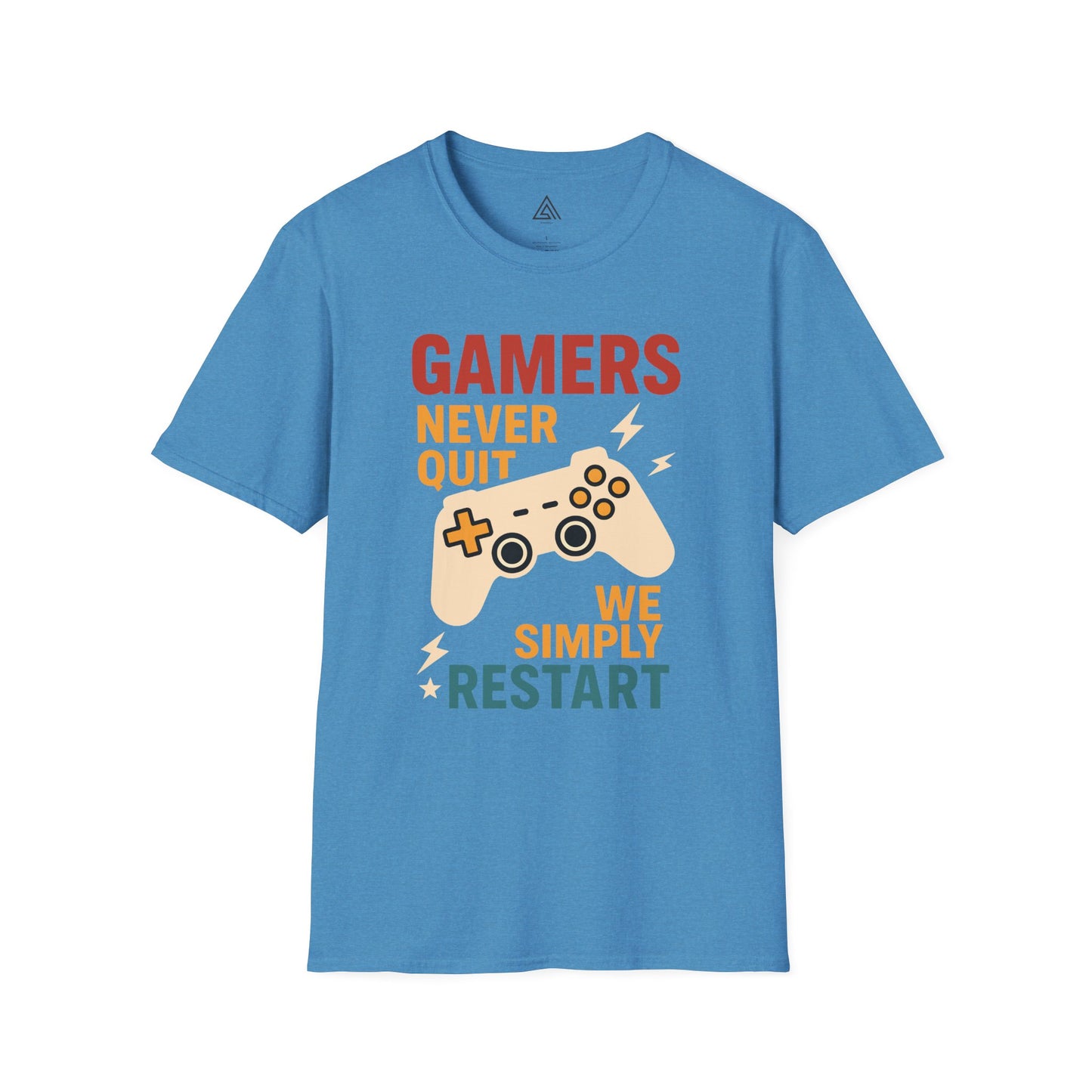 Gaming t-shirt with game controller design and Gamers Never Quit slogan