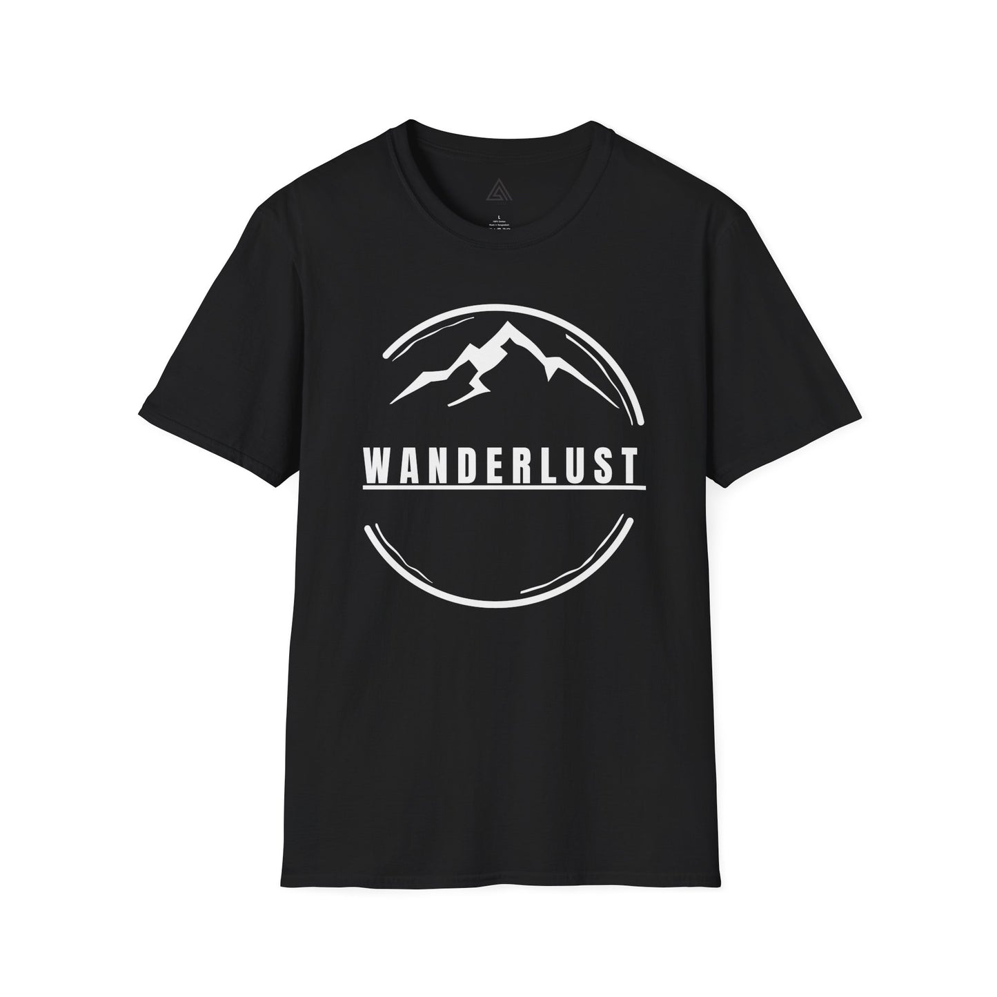 Black t-shirt with 'Wanderlust' design on a white background