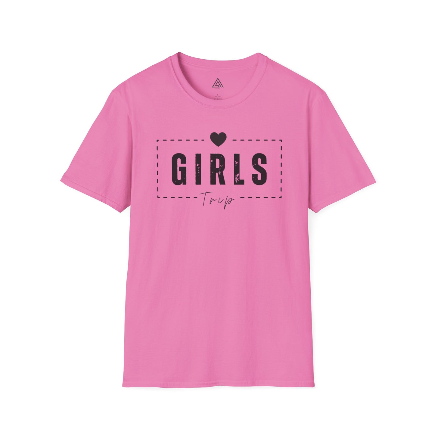 Pink t-shirt with 'GIRLS Trip' text on a white background