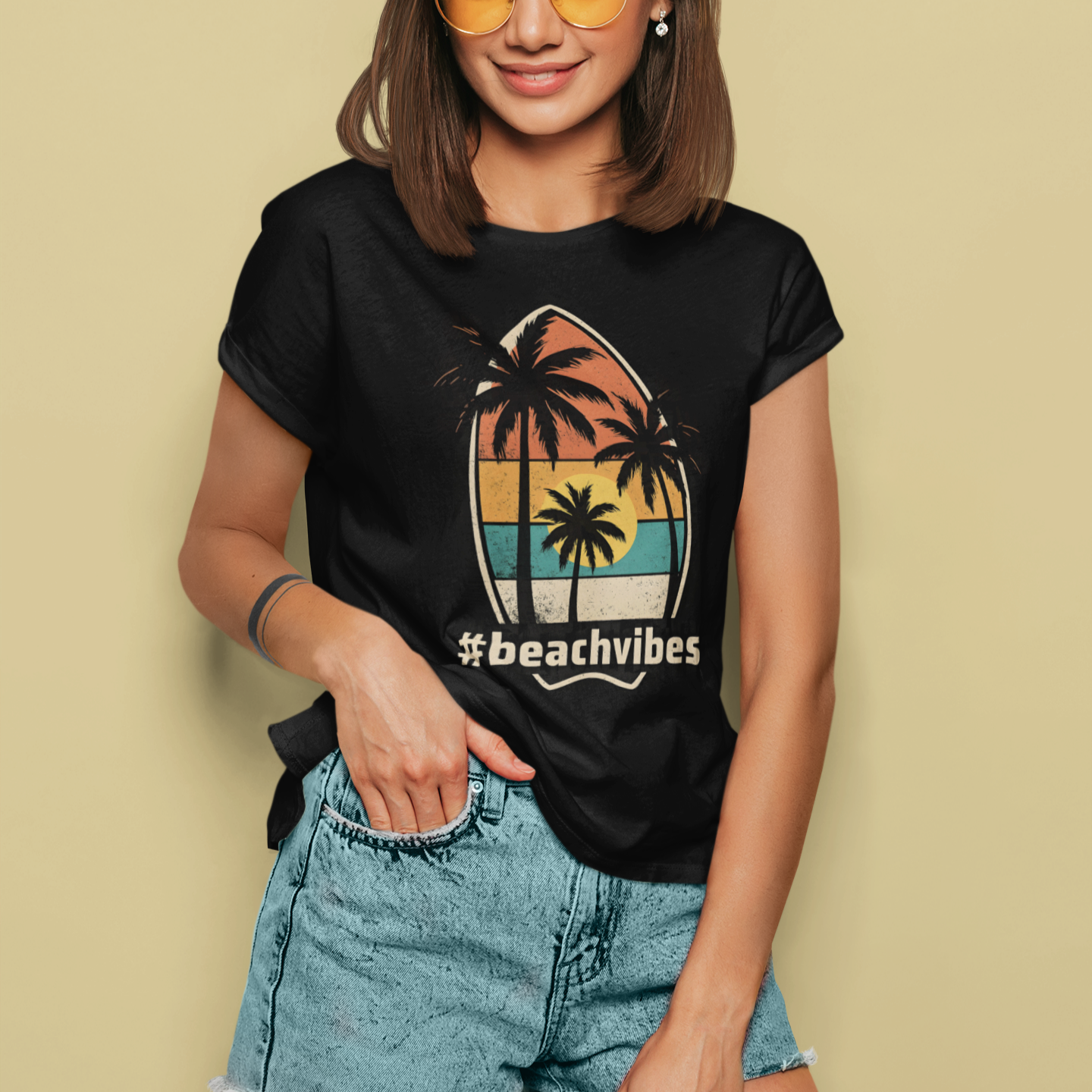 Vintage beach vibes t-shirt with palm tree sunset design