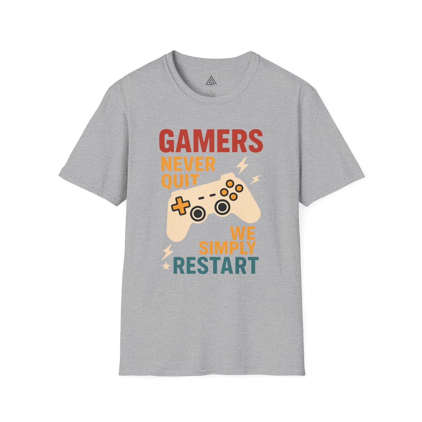 Gaming t-shirt with game controller design and Gamers Never Quit slogan