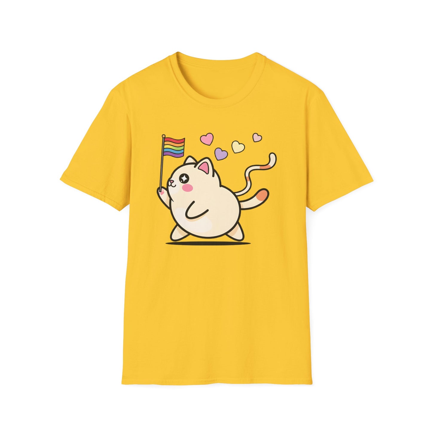 Cat wave t-shirt design with colorful cats waving rainbow pride flags surrounded by hearts
