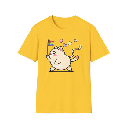 Cat wave t-shirt design with colorful cats waving rainbow pride flags surrounded by hearts