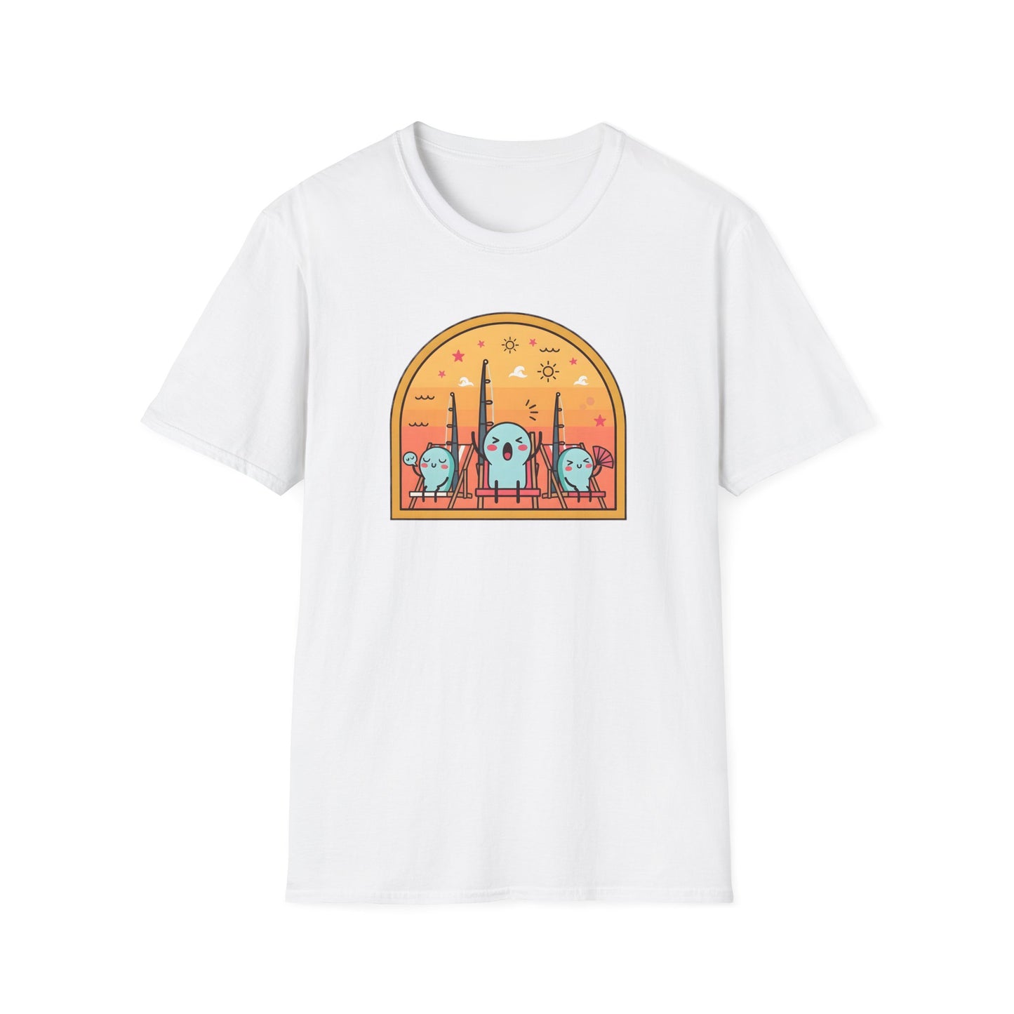 Graphic fishing rod t shirt showing colorful rods relaxing in beach chairs under the summer sun