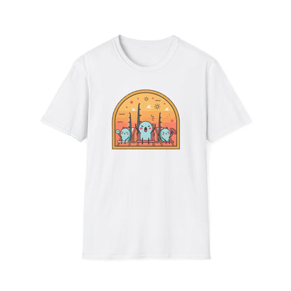 Graphic fishing rod t shirt showing colorful rods relaxing in beach chairs under the summer sun