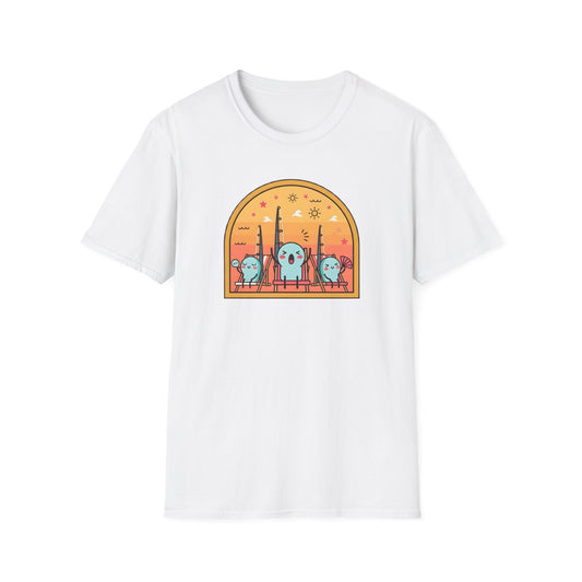 Graphic fishing rod t shirt showing colorful rods relaxing in beach chairs under the summer sun
