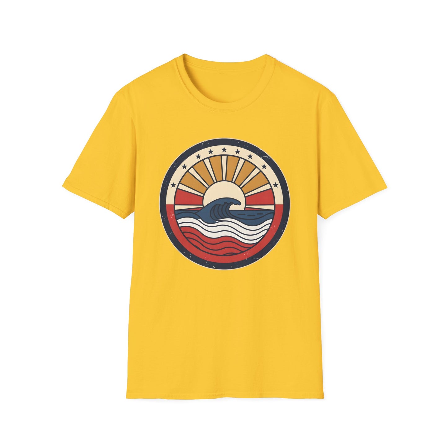 Waves rush in t-shirt with red white and blue patriotic ocean waves on a quiet beach