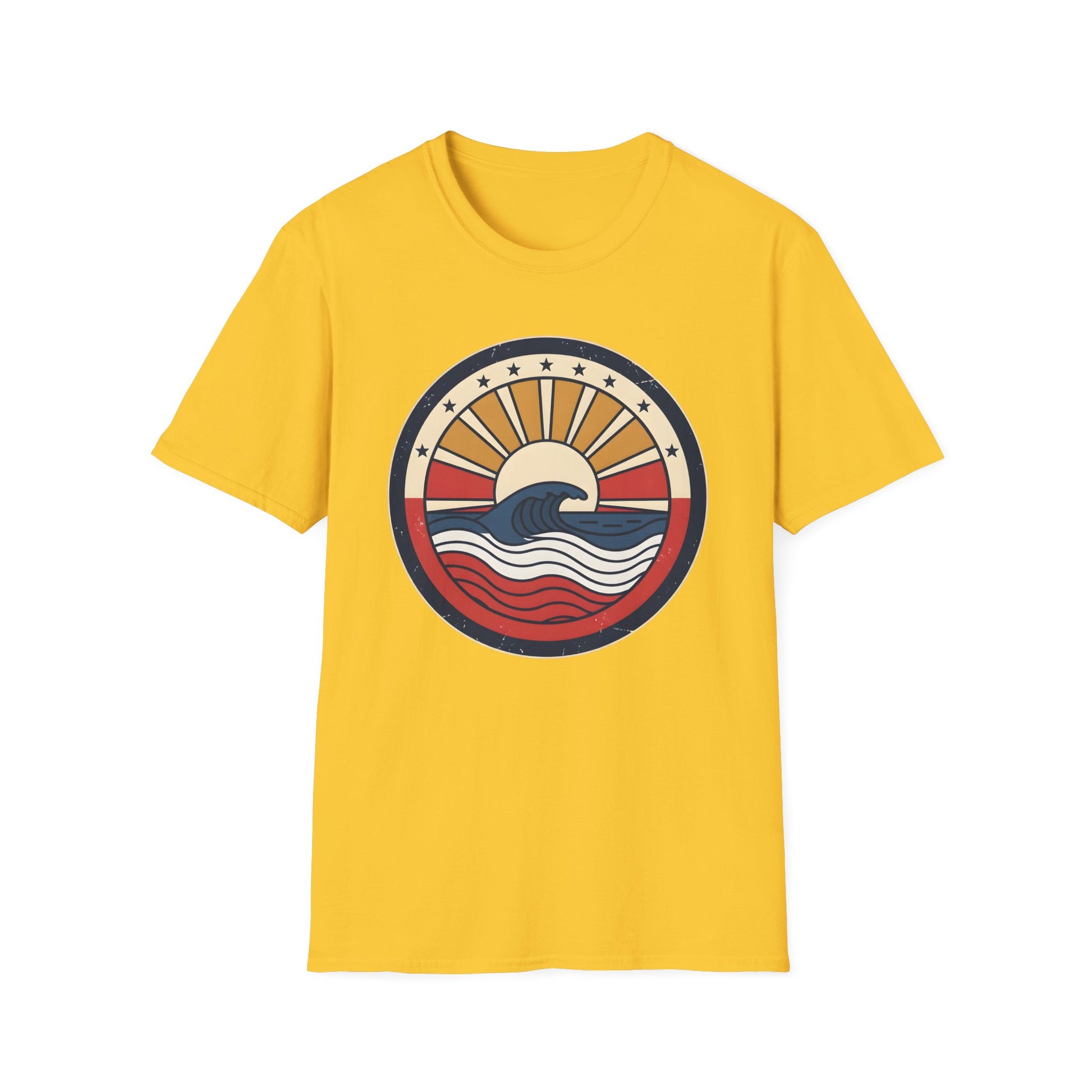 Waves rush in t-shirt with red white and blue patriotic ocean waves on a quiet beach