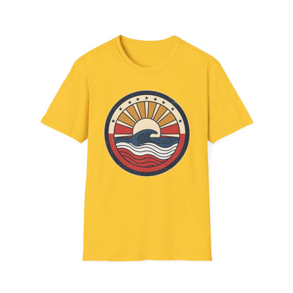Waves rush in t-shirt with red white and blue patriotic ocean waves on a quiet beach