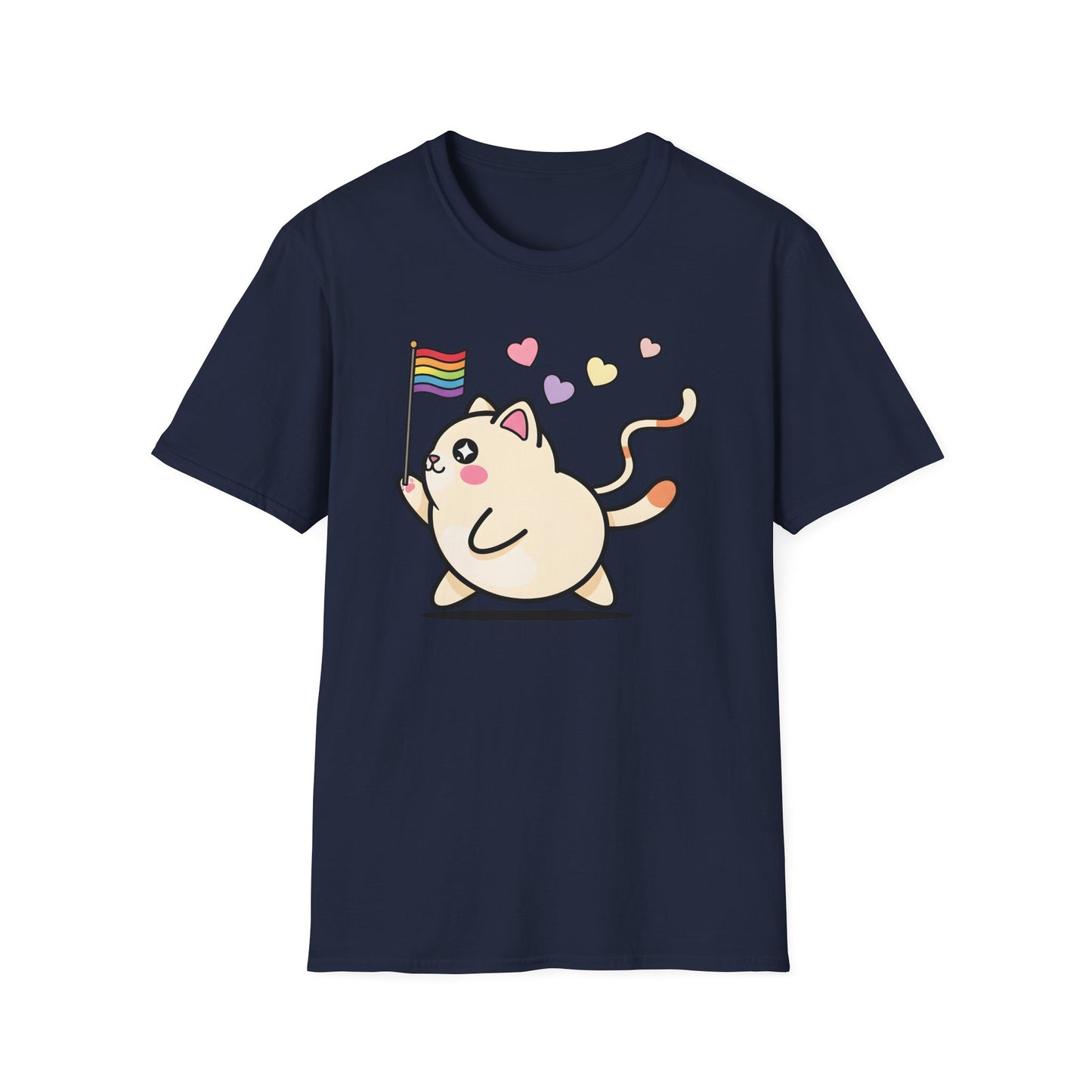 Cat wave t-shirt design with colorful cats waving rainbow pride flags surrounded by hearts