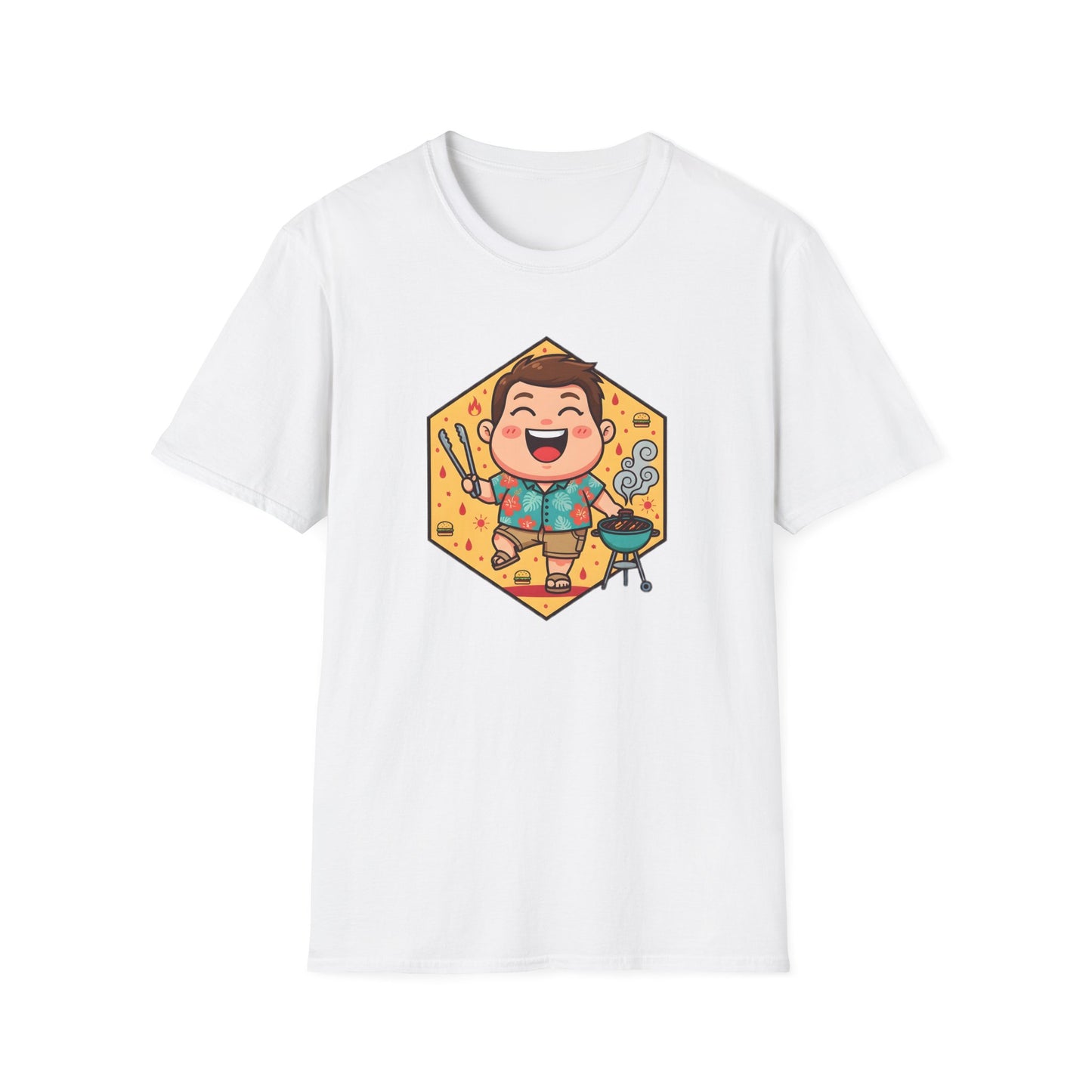 Funny dad t shirt with a cartoon dad in a Hawaiian shirt grilling burgers at a summer BBQ