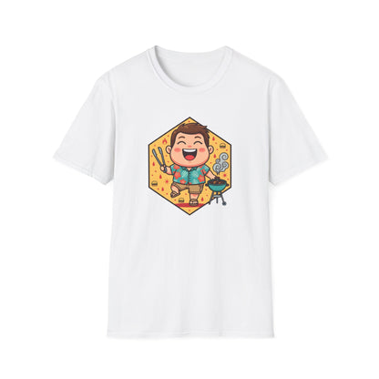 Funny dad t shirt with a cartoon dad in a Hawaiian shirt grilling burgers at a summer BBQ