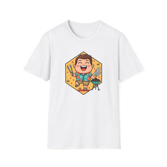Funny dad t shirt with a cartoon dad in a Hawaiian shirt grilling burgers at a summer BBQ