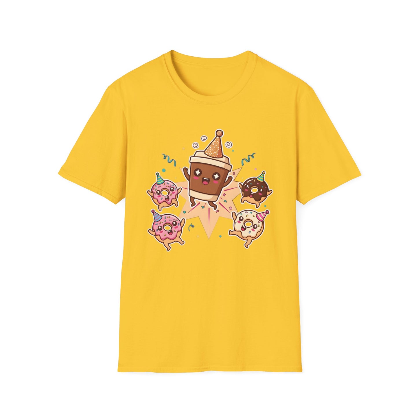 Funny coffee and donut characters wearing colorful party hats celebrating on a graphic tee