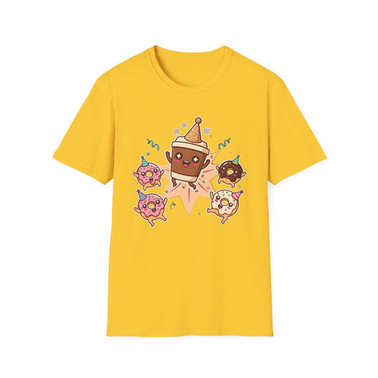 Funny coffee and donut characters wearing colorful party hats celebrating on a graphic tee