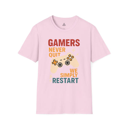 Gaming t-shirt with game controller design and Gamers Never Quit slogan