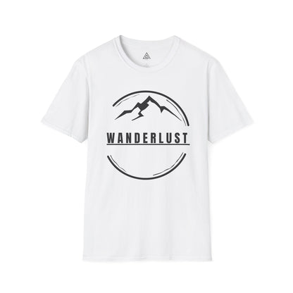 White t-shirt with 'Wanderlust' graphic design on a white background