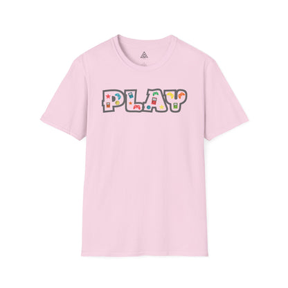 Close-up of PLAY gaming shirt design featuring classic gaming controllers and nostalgic elements