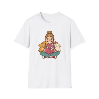 Dog mom bookworm t-shirt with a woman reading surrounded by cozy sleeping puppies