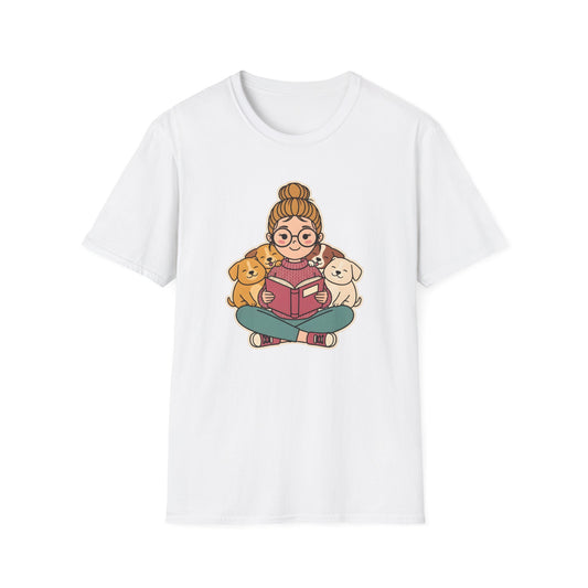 Dog mom bookworm t-shirt with a woman reading surrounded by cozy sleeping puppies