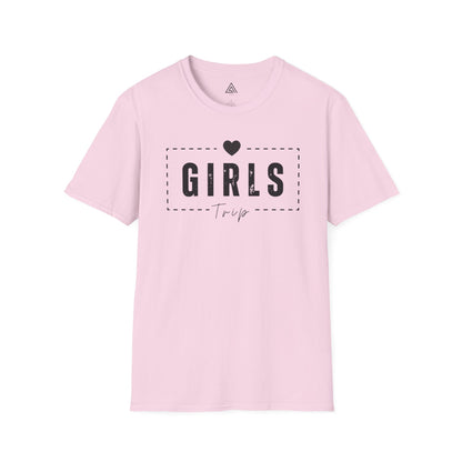 Pink t-shirt with 'GIRLS TRIP' text on a white background