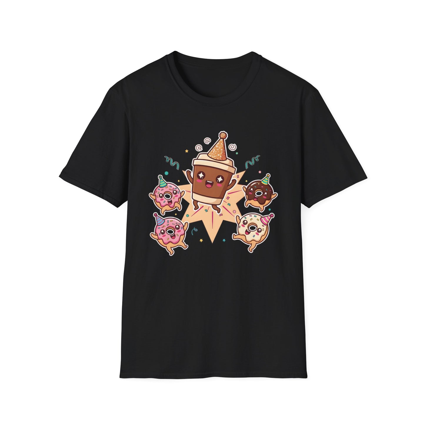 Funny coffee and donut characters wearing colorful party hats celebrating on a graphic tee