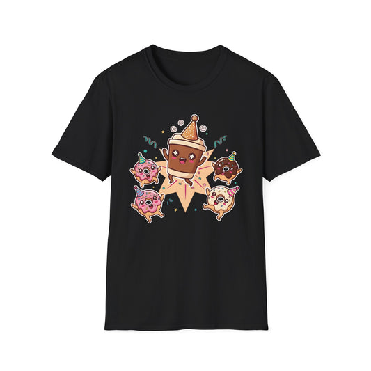 Funny coffee and donut characters wearing colorful party hats celebrating on a graphic tee