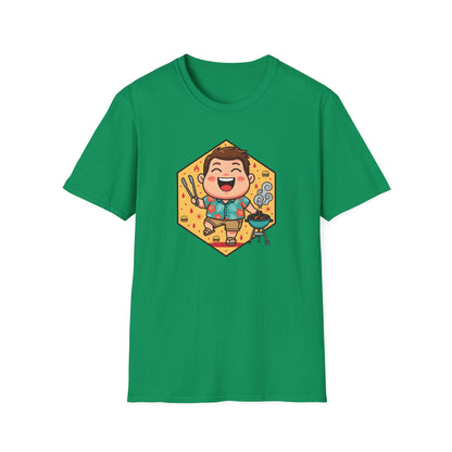 Funny dad t shirt with a cartoon dad in a Hawaiian shirt grilling burgers at a summer BBQ