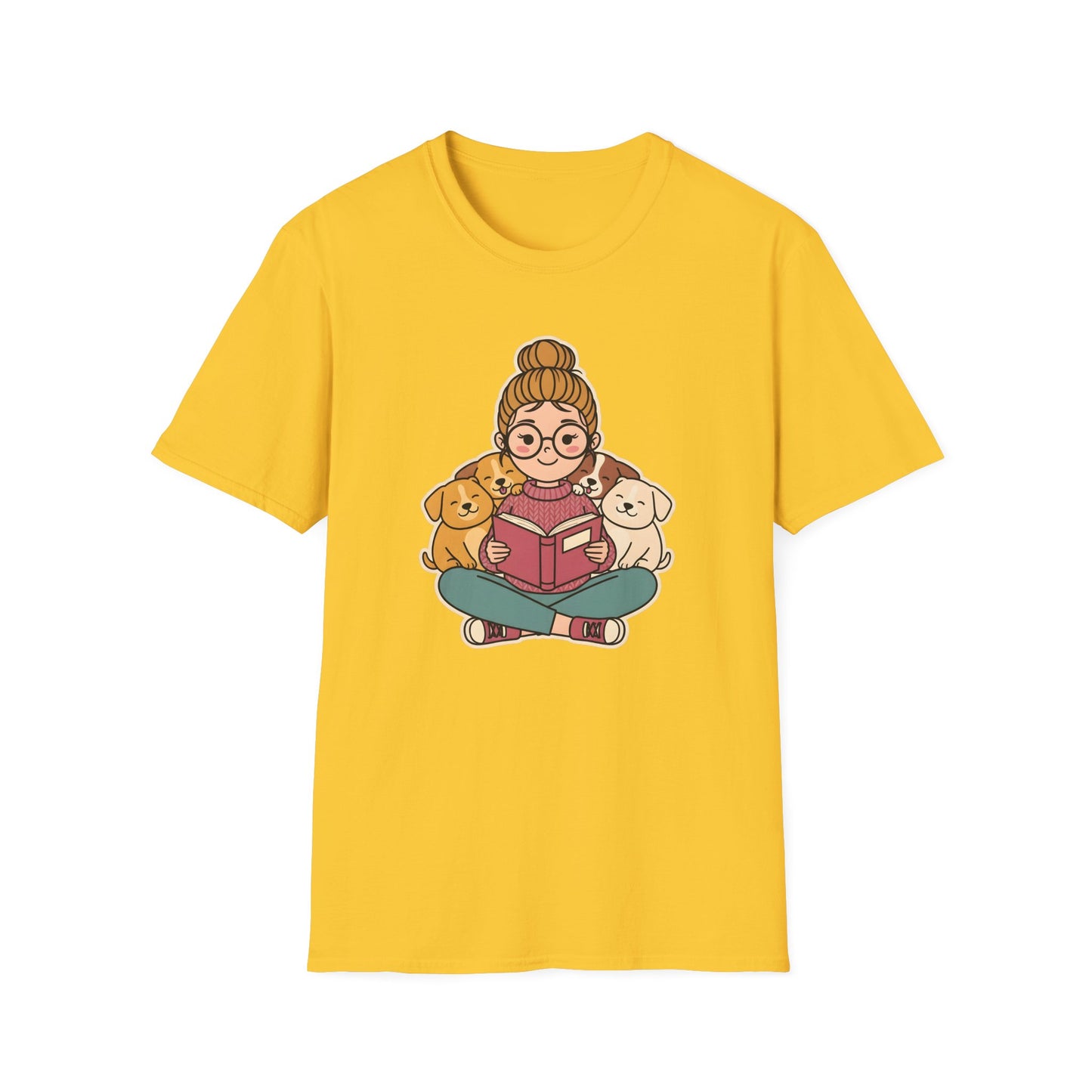 Dog mom bookworm t-shirt with a woman reading surrounded by cozy sleeping puppies