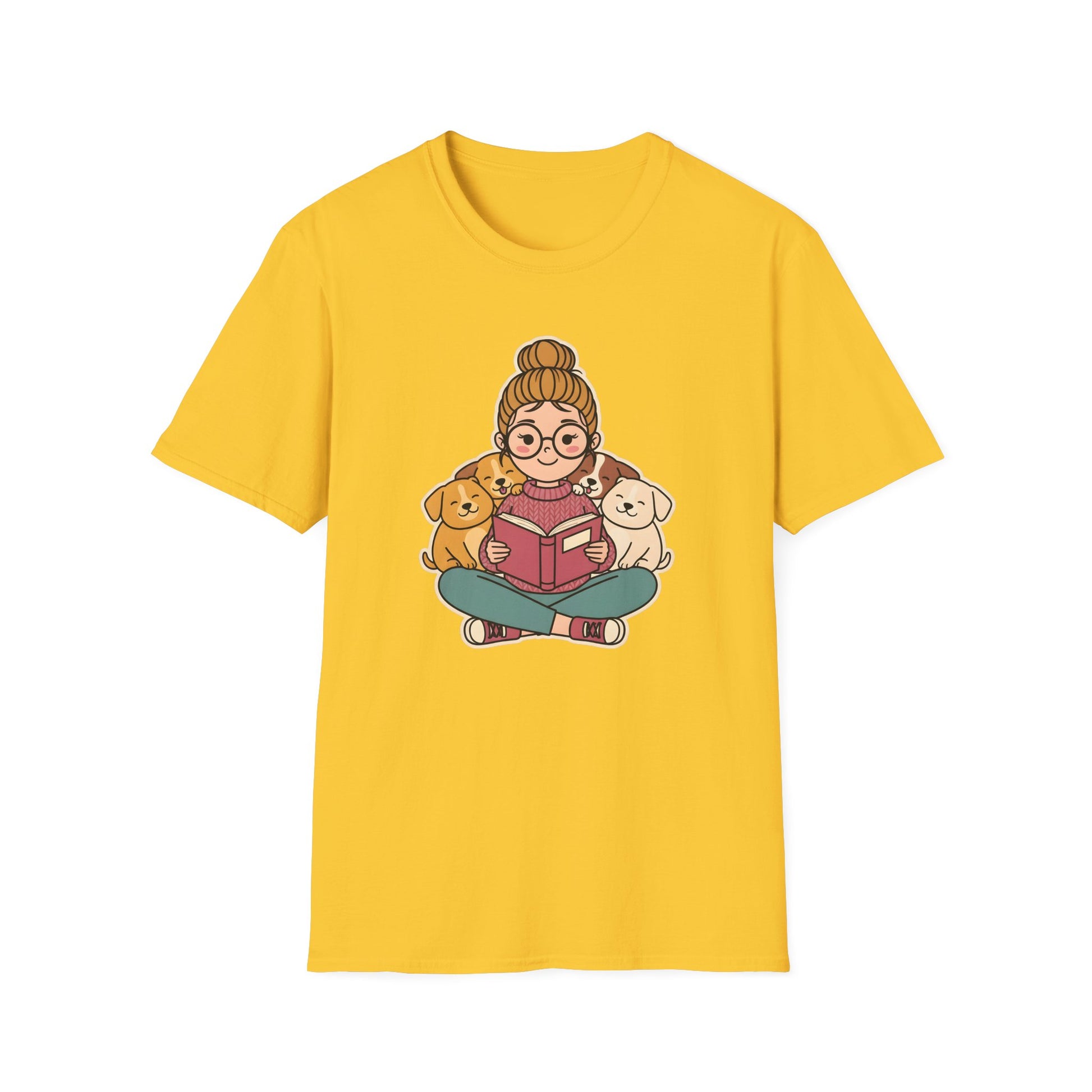 Dog mom bookworm t-shirt with a woman reading surrounded by cozy sleeping puppies