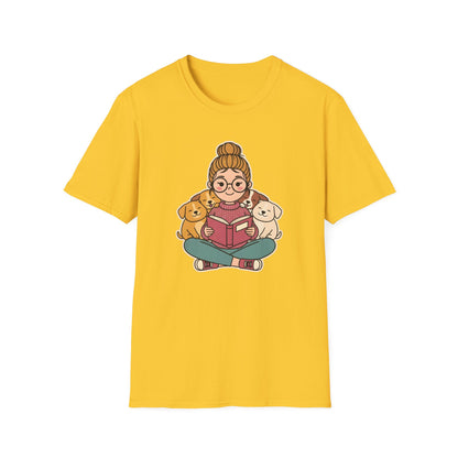 Dog mom bookworm t-shirt with a woman reading surrounded by cozy sleeping puppies