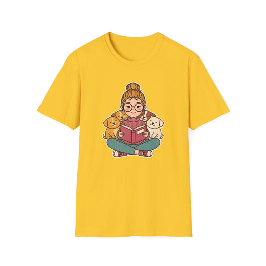 Dog mom bookworm t-shirt with a woman reading surrounded by cozy sleeping puppies